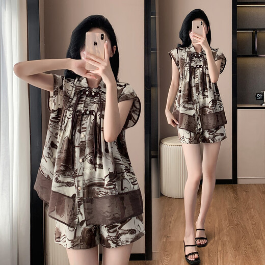 Yashati 2024 Summer de grande taille sans manche décontracté Suit de la chemise sans manches imprimée en style chinois Set en deux pièces 200 Jin [Jin est égal à 0,5 kg] 9922 noir 3xl (poids recommandé 145-165 Jin [Jin est égal à 0,5 kg]))