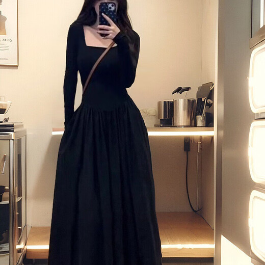 FOX.G Black Dress Women's Autumn and Winter Skirt Women's 2025 Spring and Autumn New Long Skirt Small Women's Skirt Autumn Wear Black Square Neck Waist Long Sleeve Dress XL Recommended 105-125Jin Jin equals 0.5 kg