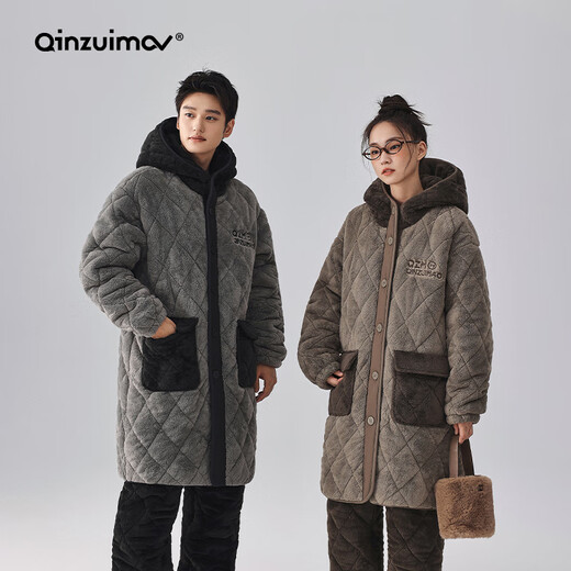 Kiss Mao warm velvet three-layer thickened couple quilted pajamas for women winter long men's suit home wear outer wear 8006 elegant gray men's XL