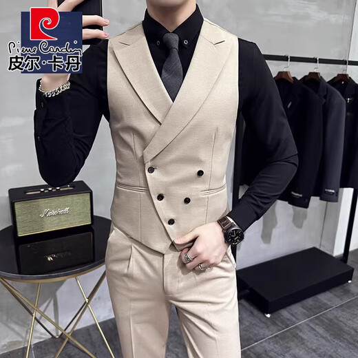 Pierre Cardin Fashion Vest Men's Suit British Slim Double Breasted Suit Vest Men's Formal Suit Collar Vest Trendy Dark Green Single Vest XL