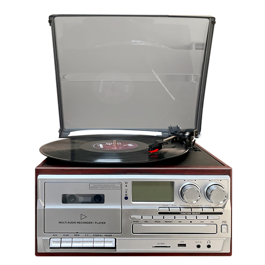 Heritage family tape player, vinyl CD all-in-one multi-functional antique tape player, vinyl record player, retro gramophone, Bluetooth audio, home living room ornaments, vinyl tape all-in-one machine, mahogany color (silver panel)