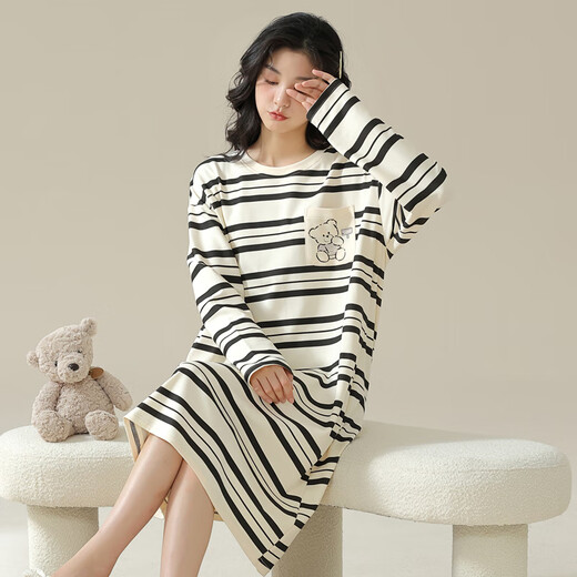 熊司令2024年新款睡裙女春秋纯棉感秋冬季睡衣可外穿条纹家居服 w9767长袖睡裙 M  70-90斤