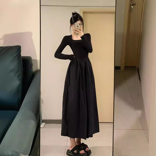 FOX.G Black Dress Women's Autumn and Winter Skirt Women's 2025 Spring and Autumn New Long Skirt Small Women's Skirt Autumn Wear Black Square Neck Waist Long Sleeve Dress XL Recommended 105-125Jin Jin equals 0.5 kg