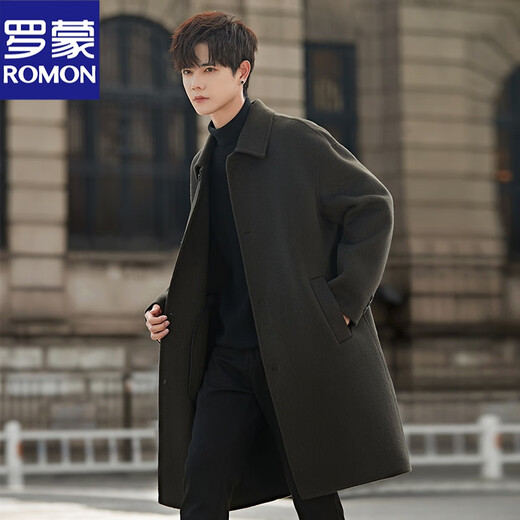 ROMON high-end 100% pure wool woolen coat men's double-sided wool coat mid-length knee-length winter thickened windbreaker black XL