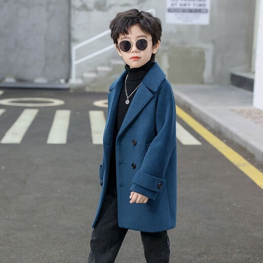 Disney (Disney) Boys Korean Version Thick Woolen Coat Children's Autumn and Winter New Double-breasted Medium-Length Woolen Windbreaker Coat Lake Green Cotton and Thickened Winter Style L-140 Recommended Height 130cm