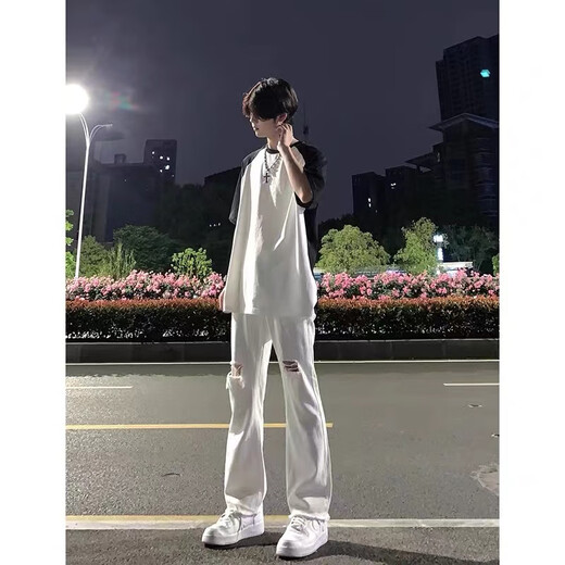 
7 best products ripped jeans men's spring and summer thin American high street light-flare loose straight slim trousers men DFFS-722 black (ripped) XL