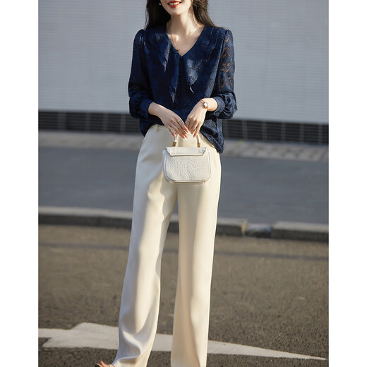 Demana bright silk glitter quality spring and autumn French V-neck long-sleeved shirt jacquard temperament shirt women's tops