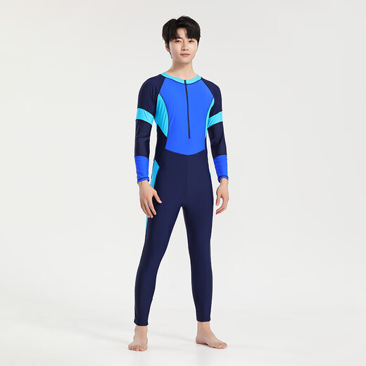 Yosoci one-piece swimsuit men's long-sleeved long pants wetsuit swimming training sunshade quick-drying elastic comfortable surfing suit KYL2381 (blue) XL