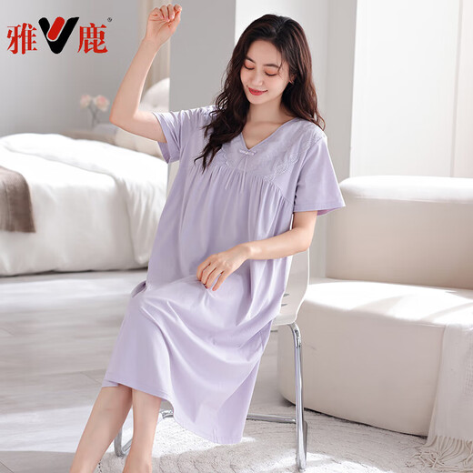 雅鹿睡裙女夏季带胸垫纯棉短袖长款睡衣薄款夏天宽松大码夏款连衣裙子 701芋紫（带胸垫） M（155-160cm/90-110斤）