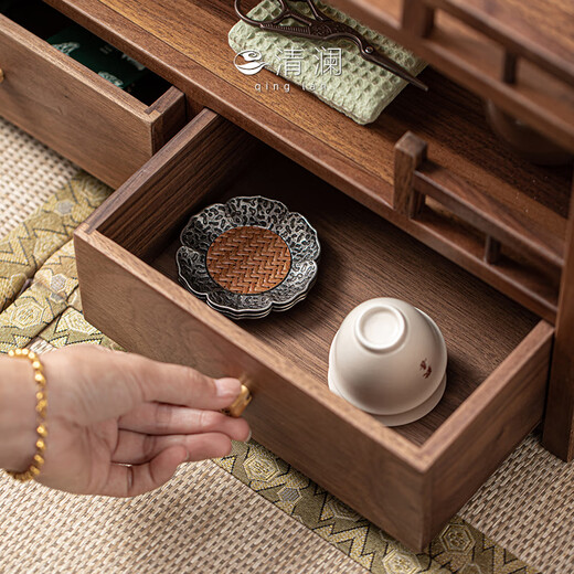 QINGLAN North American walnut tea set tea cup storage rack tea rack storage rack new Chinese style solid wood ornaments display cabinet Lanting storage rack_Walnut