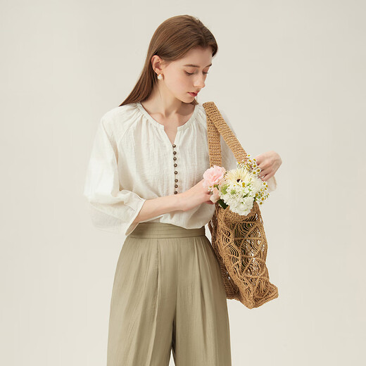 
Fan Silanen round neck lazy shirt summer wear seven-quarter sleeve texture contrast cotton linen shirt 24FS12211 Beige XL