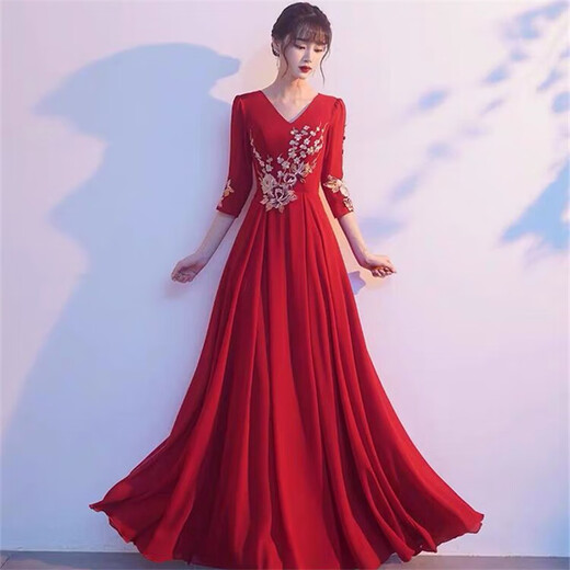 普戈斯新款大合唱服女长裙红歌演出服礼服指挥服学生中老年合唱团表演服 红色立领合唱服【主持人诗歌】 2XL