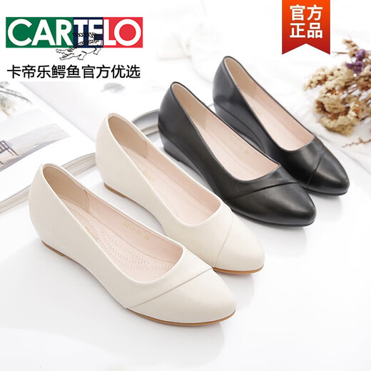 CARTELO crocodile wedge shoes for women 2025 new spring and autumn versatile work women's shoes summer style mother's shoes soft leather soft sole bean shoes apricot 34