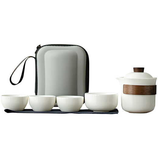 Yi Nian Fangyuan Suet Jade White Porcelain Kung Fu Tea Set with Tea Tray B&B Hotel Ceramic Teapot Tea Cup Hand-held Pot Simple Ink Style One Pot Three Cups + Black Square Plate + Bag