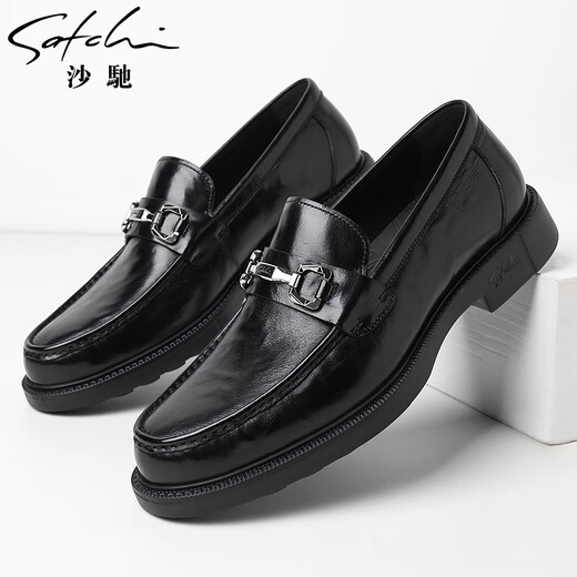 SATCHI men's shoes new men's business casual shoes genuine leather hand-grabbed popcorn sole comfortable slip-on thick-soled high-end leather shoes black 40