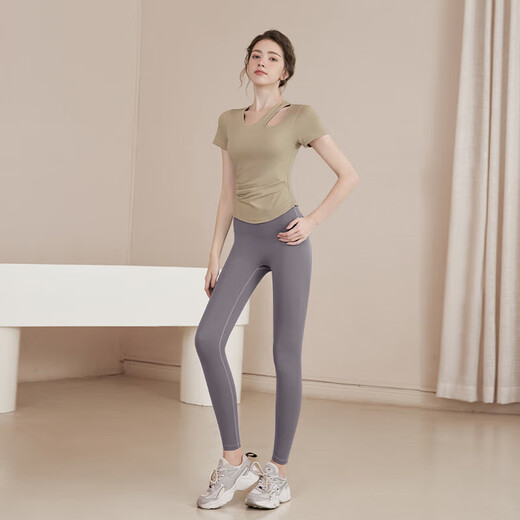 LULUUVTTOH Yoga Wear Short Sleeve Suit for Women Summer New Quick-Drying Running Sports Top Pilates Training Fitness Wear for Women Brown Top Fixed Cup Breast Pad M