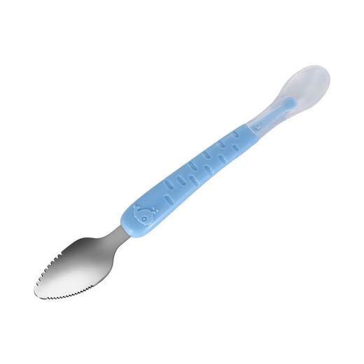 Baogaier children's dredging spoon 304 stainless steel silicone double-head baby tableware set food supplement tool baby fruit scraping blue double-head spoon [1]