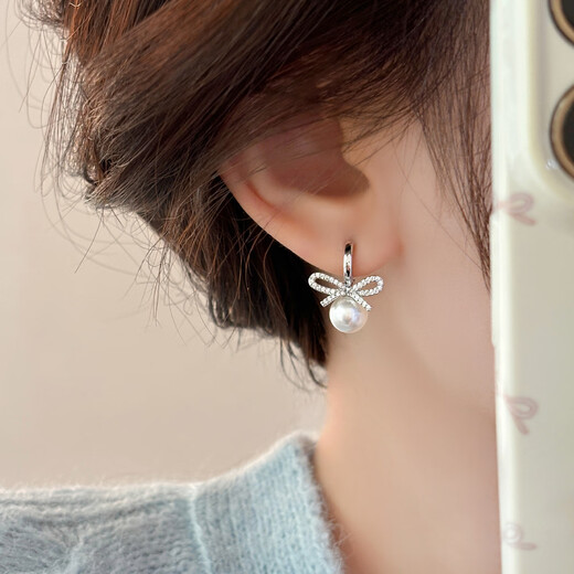 Yichan Japanese and Korean rhinestone bow imitation pearl earrings for women high-end earrings 2025 new hot style niche temperament earrings rhinestone silver bow pearl earrings