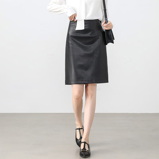 Shangdubila velvet skirt for women, autumn and winter leather skirt, temperament, commuting, leg-showing long short skirt, small person hip-hugging skirt, black L