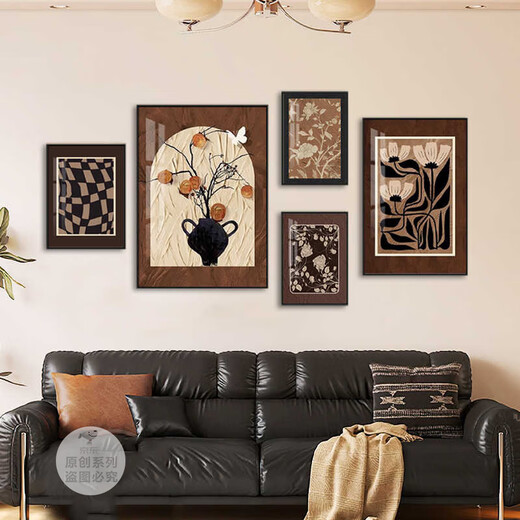 丞仔中古风客厅组合装饰画法式复古挂画美式高级感沙发背景墙艺术壁画 Z3879 35*50/50*70/30*40*2/40*60 晶瓷铝合金黑框