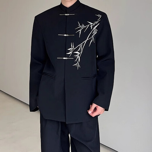 JIAYE Spring and Autumn New Chinese Style Stand Collar Green Bamboo Ethnic Style Tang Suit Jacket Men's Zhongshan Suit National Style Jacket Men's Groom's Clothing Black Jacket + Black Trousers Green Bamboo XL Recommended 120-140 Jin Jin equals 0.5 kg
