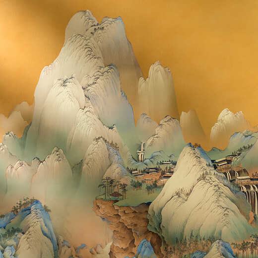 古歌空间 焦点艺术千里江山入户玄关装饰画山水画靠山图挂画茶室墙壁画竖版铜雕画 千里江山【全铜】1200*723mm