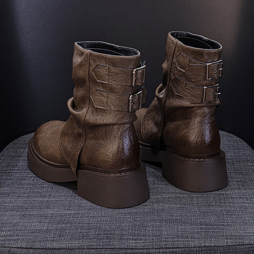 Jin Riman Martin Boots Frauen Kurzstiefel Frauen Frühling und Herbst Retro Western Cowboy Boots Frauen Lange Bootsgürtel Schnalle Hülle Ritterstiefel M2656 Brown 37