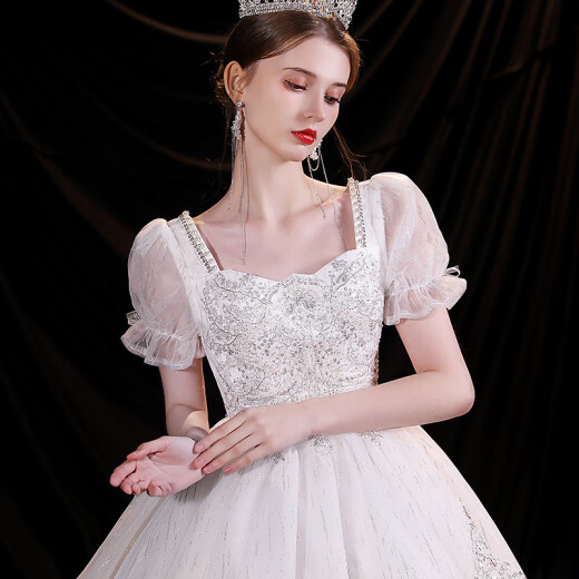 Main wedding dress bride 2024 new large strap female small French heavy industry summer one-shoulder palace style white S: bust 80 waist 63