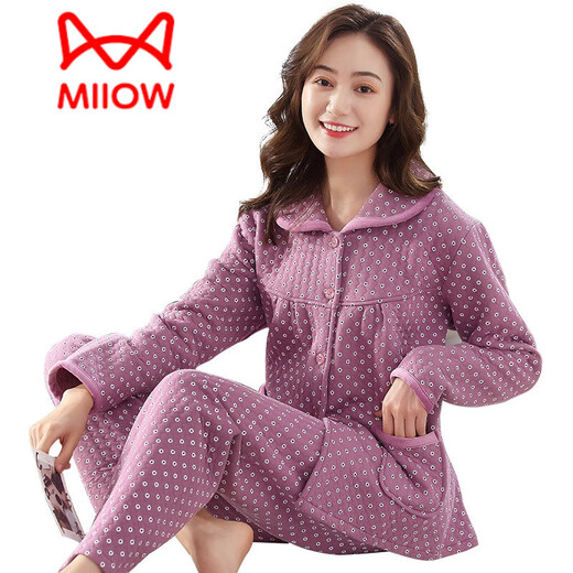 猫人（MiiOW）秋冬季全棉空气棉夹层睡衣女加厚纯棉长袖三层厚款夹棉家居服套装 6169 XXL