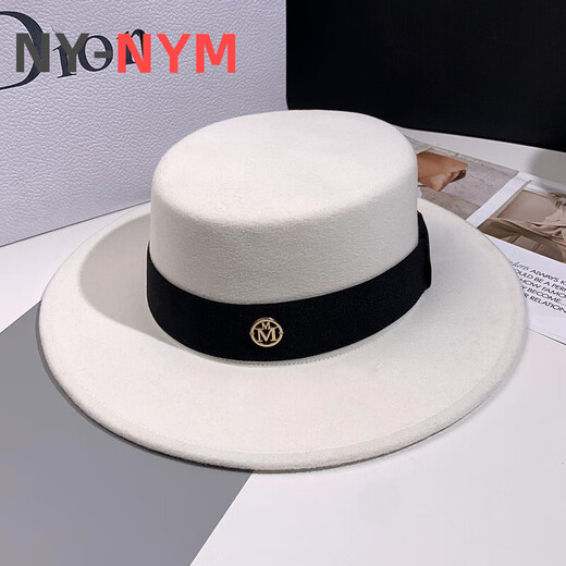 NY-NYM Sombrero de Jazz de Lana de Moda Retro de Estilo británico Sombrero de Mujer Marca de Moda Sombrero Plano de Todo fósforo de la alta sociedad francesa Sombrero Blanco + Banda Negra M (56-58 cm)