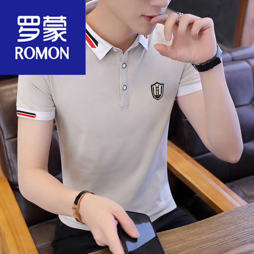 
ROMON Summer trendy stand collar t-shirt men's short-sleeved T-shirt with neckline half-sleeved men's T-shirt polo shirt high-end light luxury 9903 black 165/M