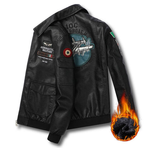 Manxinan new winter velvet thickened leather jacket to keep warm and slim fit Korean style trendy aircraft embroidered motorcycle jacket men's fur integrated XY-8811 black thin section 2XL recommended 140-155Jin Jin equals 0.5 kg