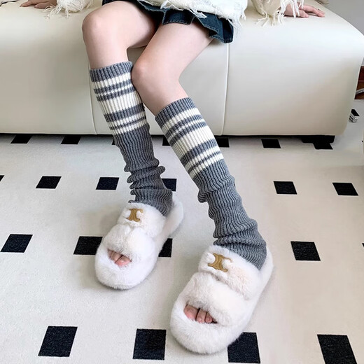 Wanshang autumn and winter retro striped knitted pile socks women's jk leggings pile socks slimming straight knitted socks gray one size