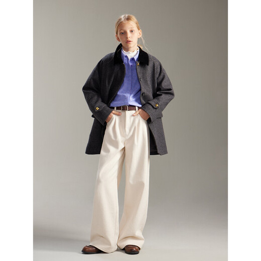 ELLE KIDS children's clothing old money style herringbone wool coat for girls autumn and winter quilted mid-length warm thick coat black 165 (M)