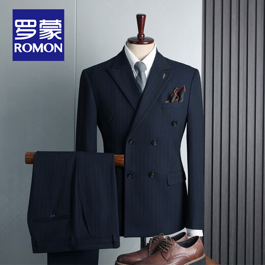 ROMON striped suit suit men's high-end double-breasted business casual small suit three-piece groom's wedding dress SJT9962 navy blue (suit + vest + pants) 2XL size
