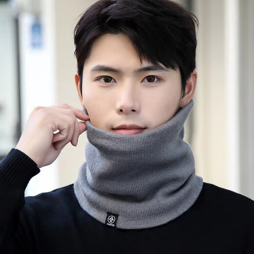 Ice Jade Fengzi Neck Scarf Men's Trendy Neck Warmer Knitted Wool Scarf Women's Autumn and Winter Cycling Windproof Plus Velvet Thickened Pullover Gray
