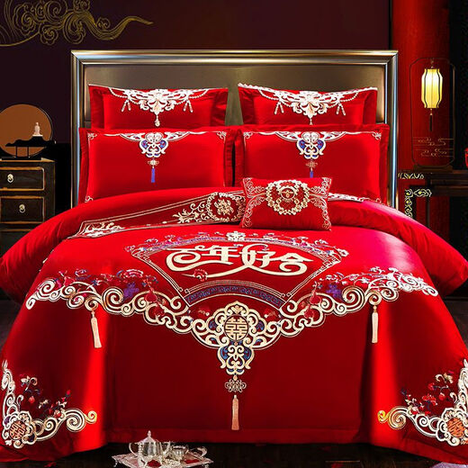 Yicai Diexi quilt core + four-piece set + pillow core Wedding four-piece set Big red embroidery wedding quilt cover red wedding quilt cover Bai Nian Haohe [with quilt + pillow core] 1.5 bed four-piece set (quilt cover 200*230)