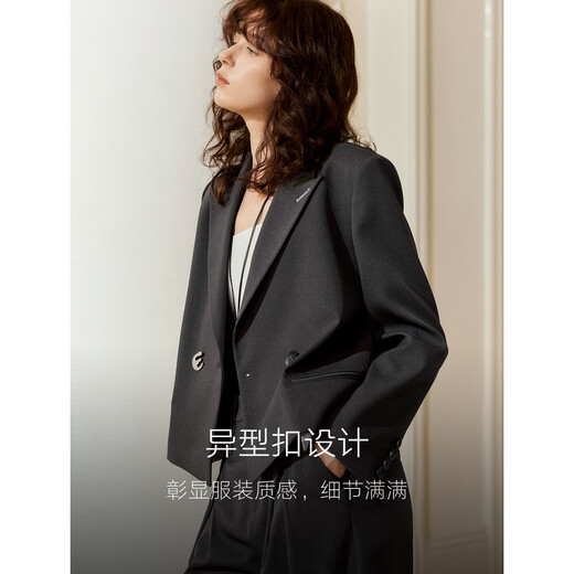 ELLE French high-end shoulder suit for women, high-end 2025 autumn new commuter-feel temperament professional suit, dark gray (top) L