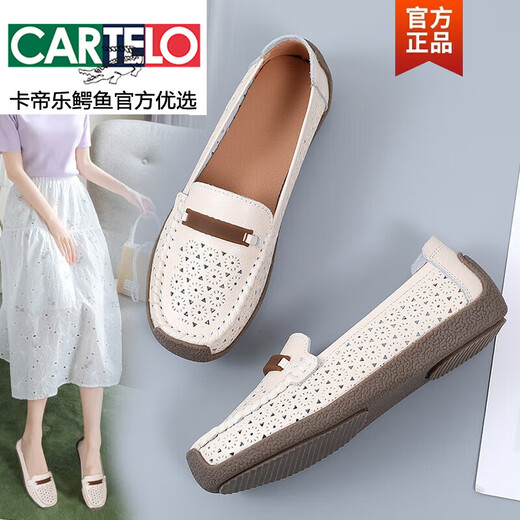 Cartelo Bean Schuhe Frauenschuhe 2025 Neues Sommer Echtes Leder flacher Schuhe nicht rutschernde atmungsaktive weiche alleinige Frühlings- und Herbst-Mutterschuhe 826 Beige Hollow 38
