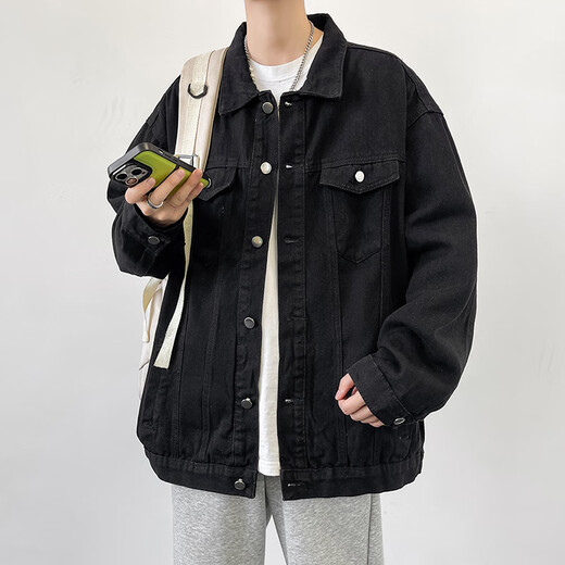 Dingfengbaoluo casual workwear denim jacket men's autumn and winter casual loose retro lapel versatile jacket HL38 black XL
