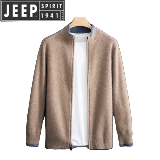 JEEP SPIRIT秋冬新款纯山羊绒衫男士开衫半高领拉链羊毛外套商务针织毛衣品牌 藏蓝色 2XL【150-170】