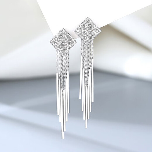 JiuChangShi 99 sterling silver earrings for women square rhombus shining tassel earrings temperament long birthday gift for girlfriend sparkling diamond rhombus earrings 99 pure silver