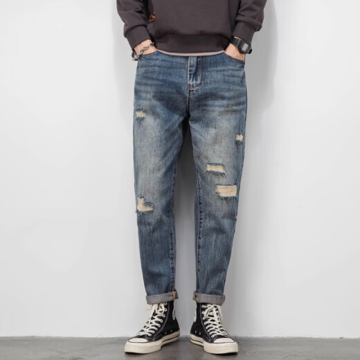 Pantalones de moda de moda Hombres sueltos de primavera y jeans rasgados de verano Hombres retro de la calle Americana gran tamaño de pie de pie pequeño pantalones azules 32 [145-160jin [Jin equivale a 0.5 kg]]