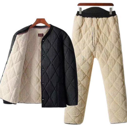 Classic car middle-aged and elderly cotton-padded coat and trousers suit for winter, thick velvet for dad, men, warm lamb velvet cotton-padded clothes, grandpa cotton-padded jacket, dark gray set (top + trousers) 2XL recommended 110-130Jin Jin is equal to 0.5 kg