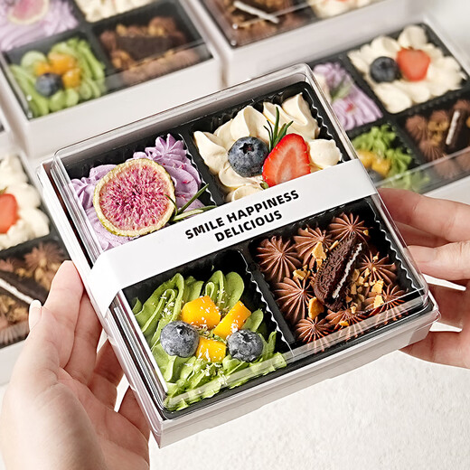 Internet celebrity four-piece joy box dessert packaging box, one-time packaged cream small four-square home baking four-piece 100 sets