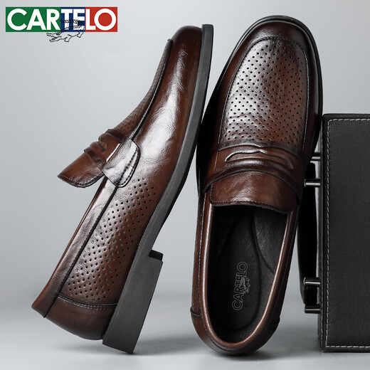 
CARTELO men's leather shoes summer breathable business casual shoes loafers one-foot hollow leather shoes men 9934 brown 38