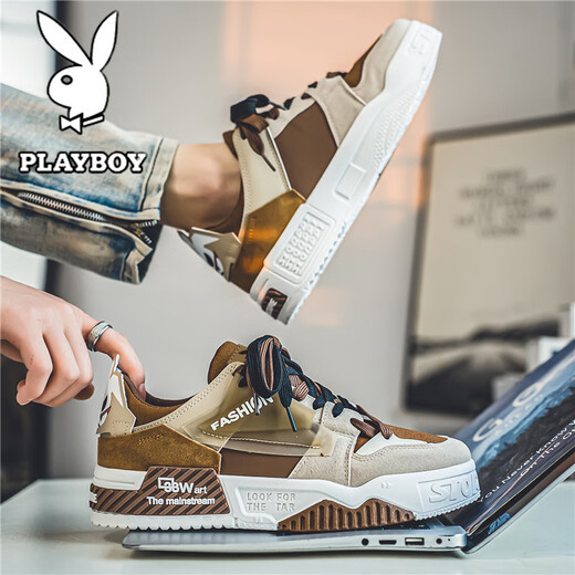 花花公子鞋子男款2025秋冬季男鞋新款休闲板鞋男士百搭厚底增高运动鞋 白棕色 39