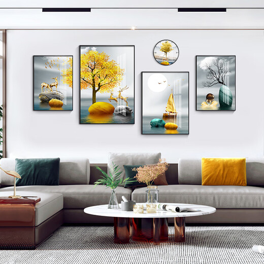
Mohu living room decoration painting sofa background wall new mural modern simple TV background atmospheric abstract four-pair hanging painting Jinlu Nafu 15940 (including wall clock) tempered crystal porcelain combination-sturdy durable black frame