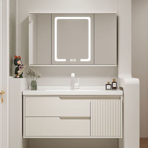 Kaixinuo Oak Hidden Feng Shui Mirror Bathroom Cabinet Integrated Ceramic Basin Cream Style Hand Washing Face Washstand Basin Cabinet Combination 80cm Hidden Feng Shui Mirror Cabinet + Installation