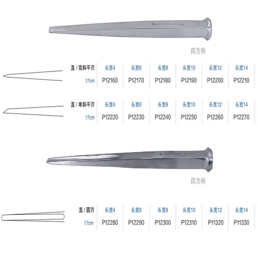 医用骨凿迷你小平骨刀园截骨刀四角柄手足外科峨眉凿骨科器械 JZ 金钟 上海手术器械 医疗器械厂 P12210	17cm直 双斜平刃 宽14